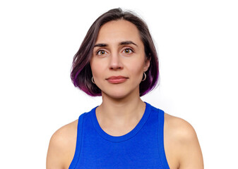 Fototapeta premium Portrait of woman with purple hair in blue dress, isolated on a white background. Front view.