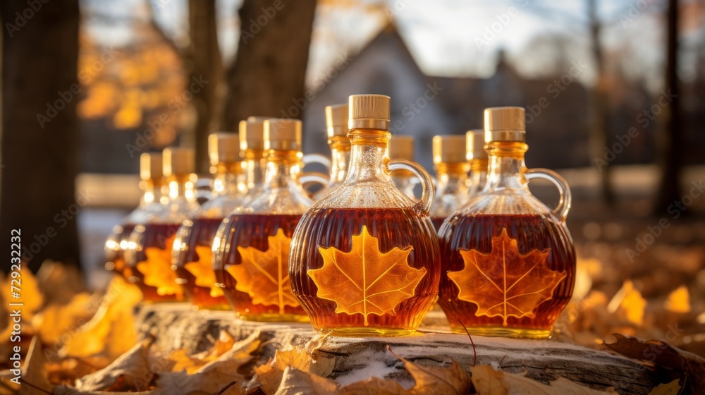 Wall mural bottles of pure, golden maple syrup arranged against a rustic maple tree backdrop generative ai