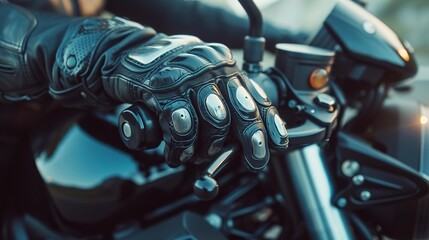 Hand in glove on motorcycle brake handle - obrazy, fototapety, plakaty