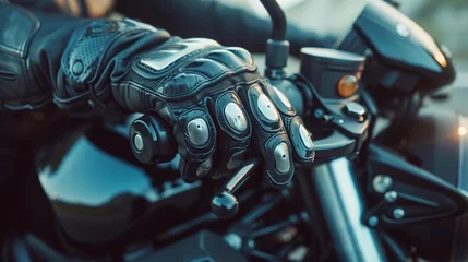 Poster Hand in glove on motorcycle brake handle © Zahid