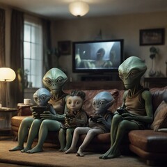 Aliens gathered in the living room of their apartment in the Aria 51 condominium