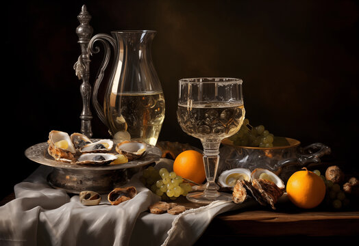 Classic Dutch-style still life with fruits, oysters and wine. On a dark background