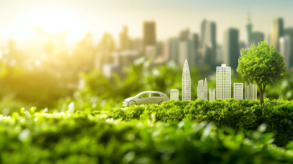 Fototapeta na wymiar Grüne Energie bei Bussen und öffentlichen Verkehrsmittel sowie Fahrrad aus Gras grün und nachhaltiger Transport urban Generative AI