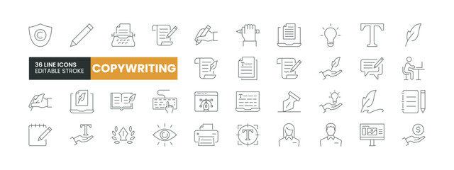 Fototapeta na wymiar Set of 36 Copywriting line icons set. Copywriting outline icons with editable stroke collection. Includes Writing, Copyright Protection, Writer, Notebook, Blog, and More.