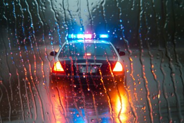 police car with strobes on, seen through a rainsoaked window - obrazy, fototapety, plakaty