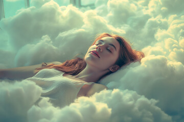 A young woman in a fine knitted white dress resting on a cloud of cotton wool - obrazy, fototapety, plakaty
