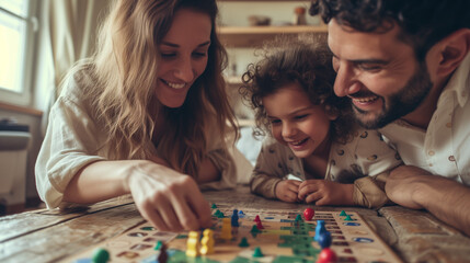 Happy family playing board game - obrazy, fototapety, plakaty