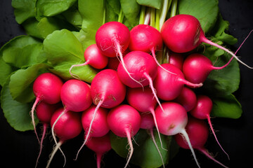 Fresh Red Radishes With Green Leaves