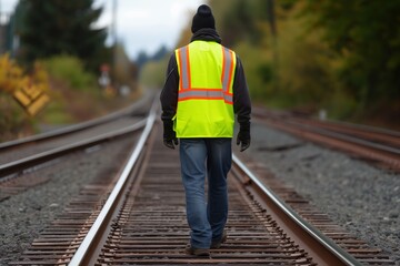 individual wearing safety vest walking on track