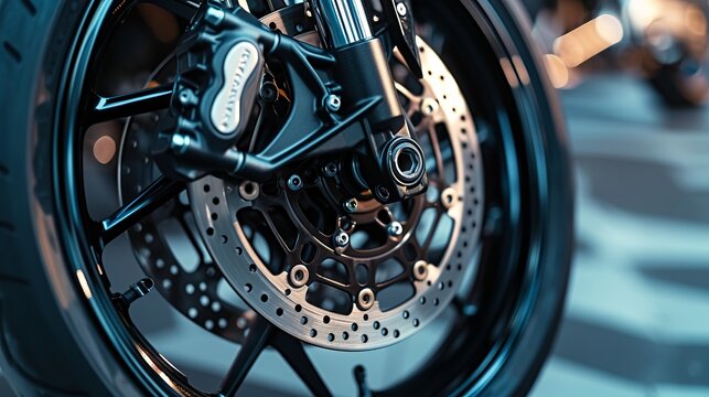 Motorcycle brake disc on a wheel close-up