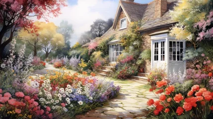 Wall murals Garden Charming cottage gardens in full bloom. aquarelle Generative AI