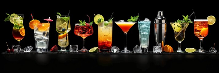 Various cocktail set with shaker on a dark background - obrazy, fototapety, plakaty