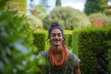 Naklejka na ściany i meble yogi with a peaceful expression among a garden mazes hedges