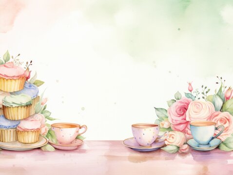 Watercolor Painting of a Table With Cupcakes and Flowers. Spring illustration with copy space. Card, frame.