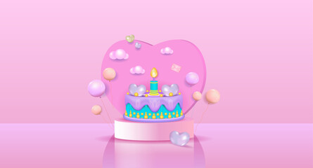 A birthday cake on the podium with icing, candles, balloons, and a heart. Birthday, banner.
Vector illustration. 3d, space for copying.