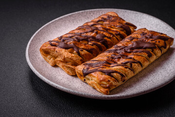 Delicious crispy sweet puff pastry with chocolate and salted caramel