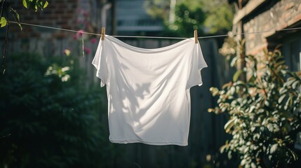 White t-shirt drying on the clothesline - obrazy, fototapety, plakaty