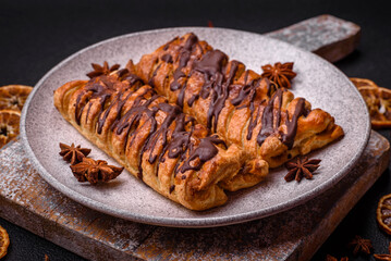 Delicious crispy sweet puff pastry with chocolate and salted caramel