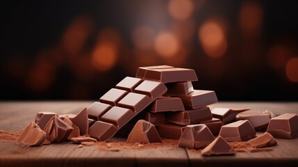Pieces of chocolate with cocoa powder on wooden table. Bokeh background