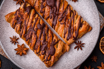 Delicious crispy sweet puff pastry with chocolate and salted caramel