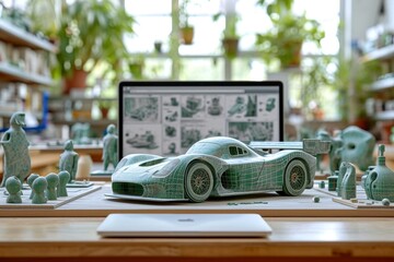 A mock-up of a modern sports car on the background of a car designer's laptop