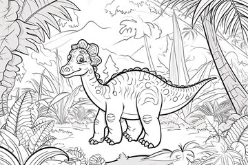 Amargasaurus Dinosaur Black White Linear Doodles Line Art Coloring Page, Kids Coloring Book