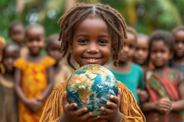 African children holding planet earth, International day of peace concept, Energy saving