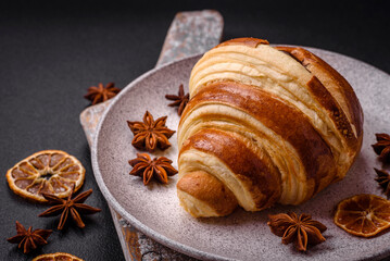 Delicious crispy sweet croissant cornet with chocolate