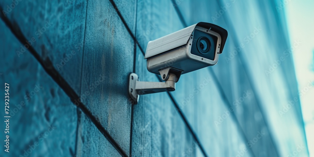 Poster A security camera mounted on the side of a building. Suitable for use in surveillance and security-related projects