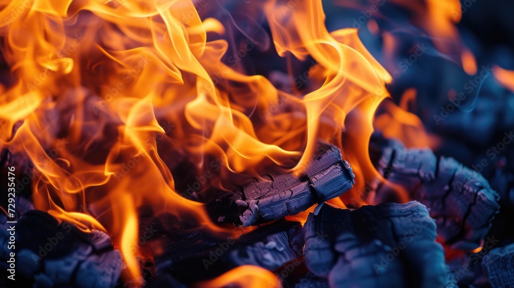 Poster A close up view of fiery flames. Perfect for adding warmth and intensity to any project