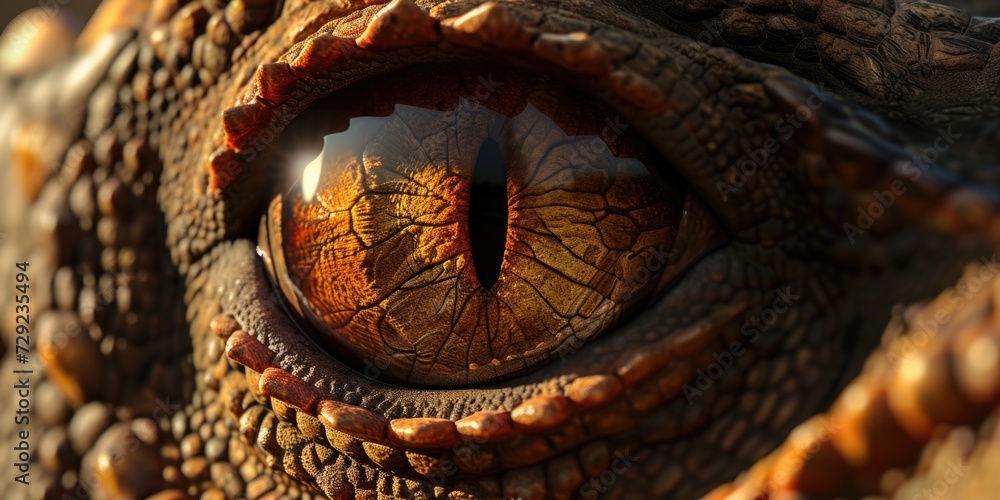 Poster a close-up view of a dinosaur's eye. this image can be used to depict prehistoric creatures or in ed