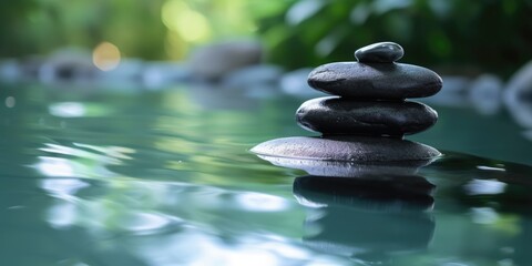 A stack of rocks sitting on top of a body of water. Can be used to symbolize balance, tranquility, and nature