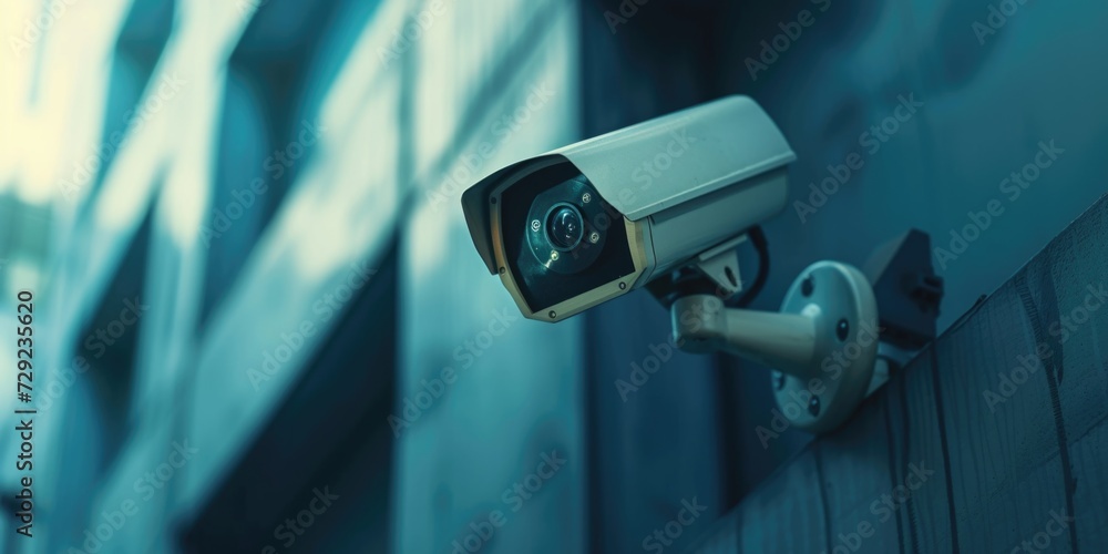 Poster A security camera mounted on the side of a building. Suitable for surveillance and security concepts