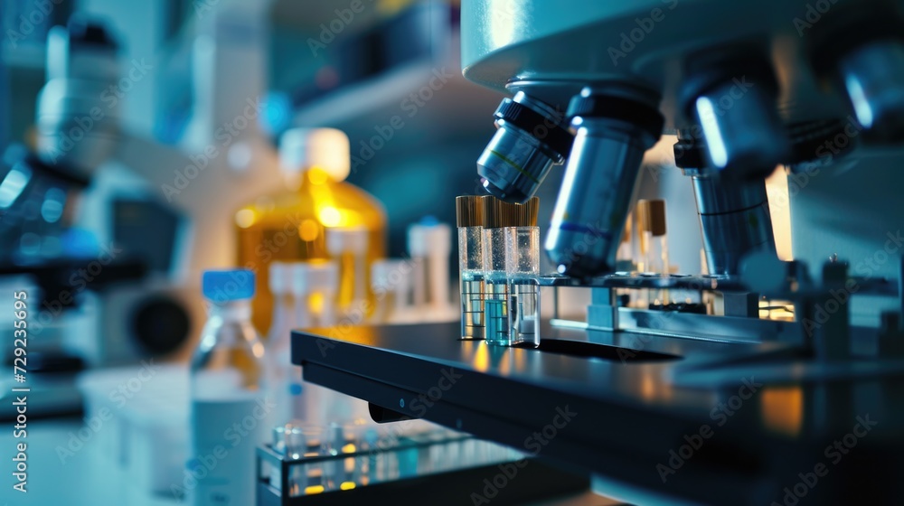 Poster a picture of a microscope and test tubes neatly arranged on a shelf. suitable for scientific researc
