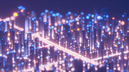 Isometric neon digital city, night view with lights with bokeh effect.