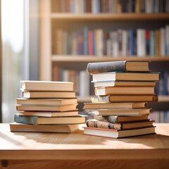 Fototapeta premium Stack of Books and cantovars on wooden table and blurred bookshelf in library room.