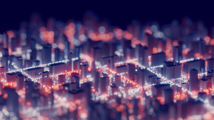 Night view with lights isometric digital city with bokeh effect.