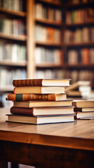 Fototapeta premium Stack of Books and cantovars on wooden table and blurred bookshelf in library room.