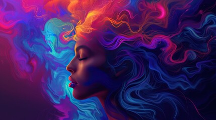 The gradient smoothly merges with the subject's hair, the girl's beautiful face in profile. The vibrant and dynamic nature of the mind and dreams.