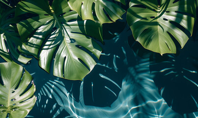 Monstera Leaves Casting Shadows on Tranquil Water Surface, Generative AI