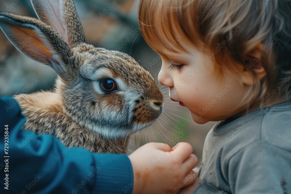 Poster a small child gently touches the nose of a rabbit. this heartwarming image captures the innocence an