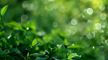 green leaves with dew drops. Bokeh background