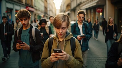 Urban Tech Culture: Teenagers absorbed in mobiles, exemplifying the pervasive influence of technology.