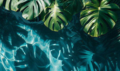 Monstera Leaves Casting Shadows on Tranquil Water Surface, Generative AI