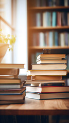 Fototapeta premium Stack of Books and cantovars on wooden table and blurred bookshelf in library room.