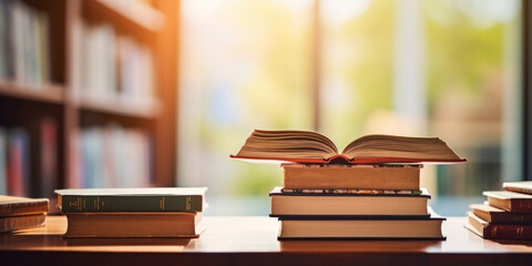 Stack of Books and cantovars on wooden table and blurred bookshelf in library room.