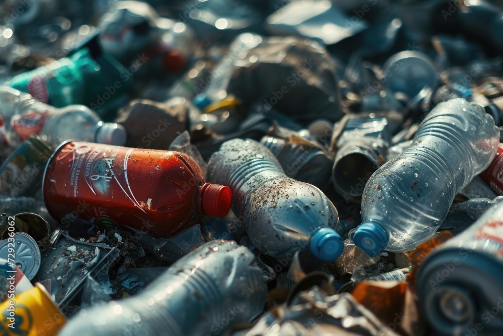 Poster a pile of empty plastic bottles and cans. can be used to promote recycling efforts