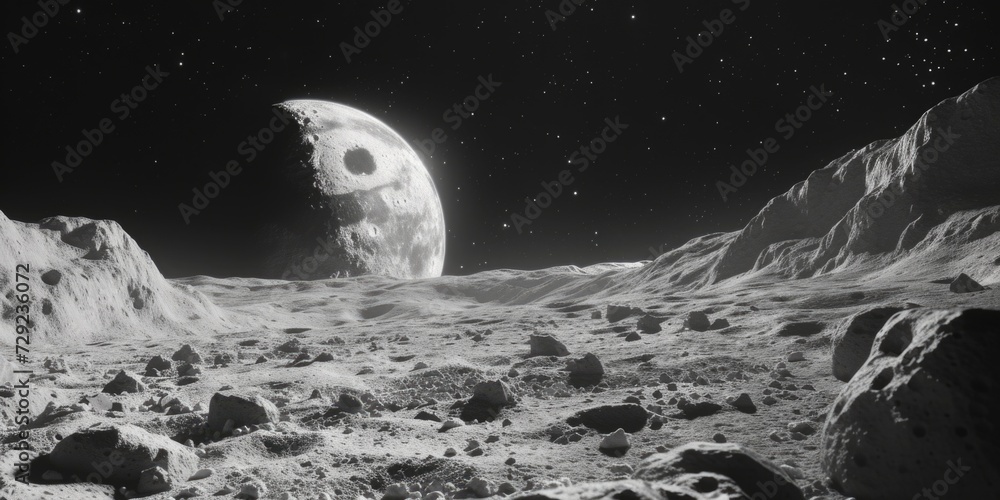 Poster a black and white photo of a moon in the sky. suitable for various creative projects