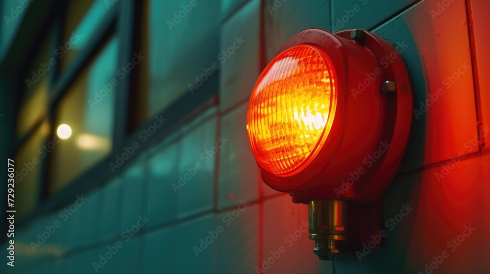 Poster A detailed close-up of a red light shining on a wall. Can be used to create a sense of urgency or to represent danger or warning