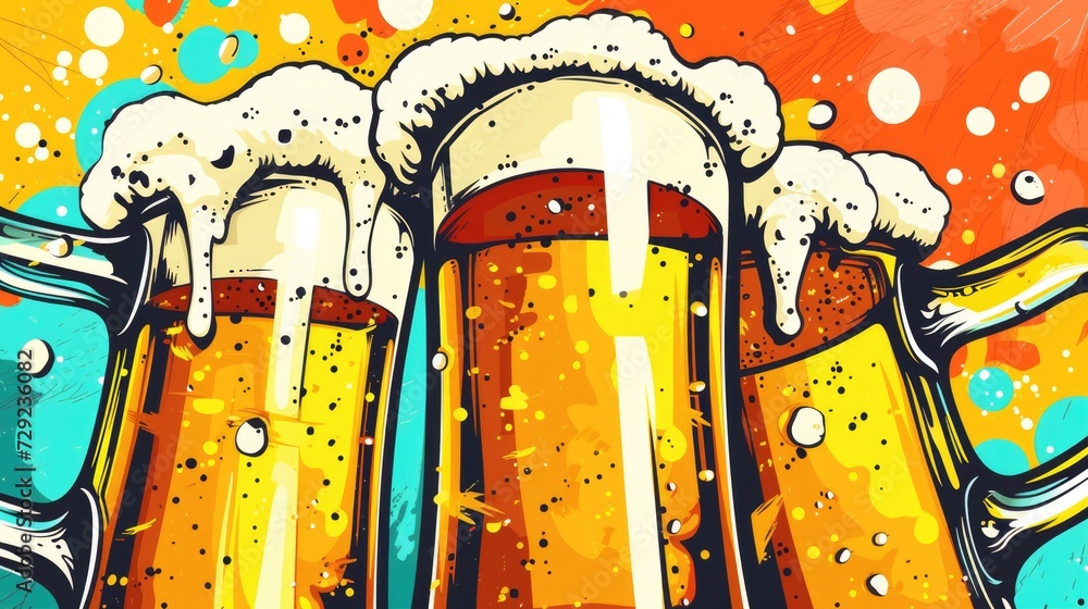 Poster two mugs of beer with bubbles in the background. perfect for illustrating a refreshing drink or a fu